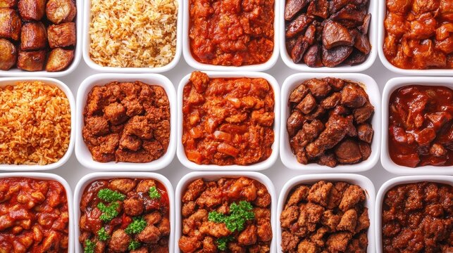 A vibrant assortment of various dishes presented in white containers, showcasing spices, meats, and rice, Ideal for food-related projects, menus, blogs, or advertising culinary events,