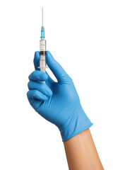 Hand in blue glove holding a syringe with clear liquid ready for vaccination or injection