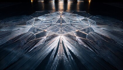 Symmetrical light fragments on a mirrored floor forming a crystalline kaleidoscope effect under ambient lighting in a dark interior.