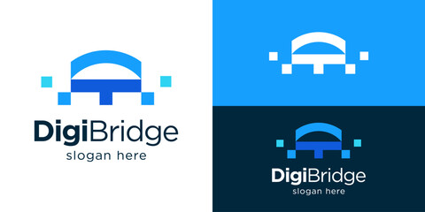 Creative abstract digital bridge logo template. Abstract modern bridge with pixel or digital logo design vector illustration.
