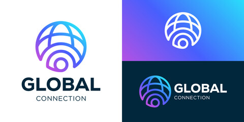 Creative modern global connection logo template. Global with wifi symbol logo design vector illustration.