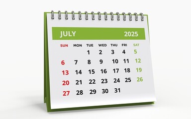 Standing Desk Calendar July 2025. Business monthly calendar with metal spiral-bound, the week...