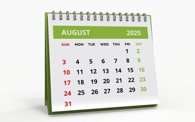 Standing Desk Calendar August 2025. Business monthly calendar with metal spiral-bound, the week starts on Sunday. Monthly Pages on a white base and green title, isolated on white background, 3d render
