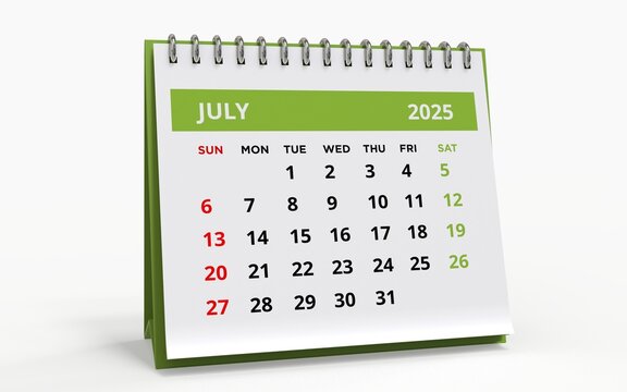 Standing Desk Calendar July 2025. Business monthly calendar with metal spiral-bound, the week starts on Sunday. Monthly Pages on a white base and green title, isolated on white background, 3d render