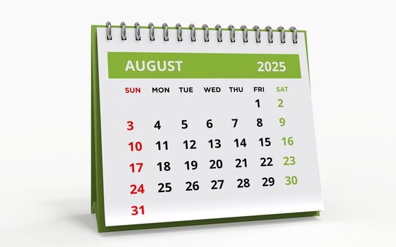 Standing Desk Calendar August 2025. Business monthly calendar with metal spiral-bound, the week starts on Sunday. Monthly Pages on a white base and green title, isolated on white background, 3d render