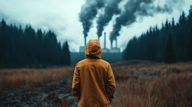 A figure in a hoodie stands in a natural landscape, facing thick smoke from industrial processes, evoking urgency around environmental issues and the need for sustainability.