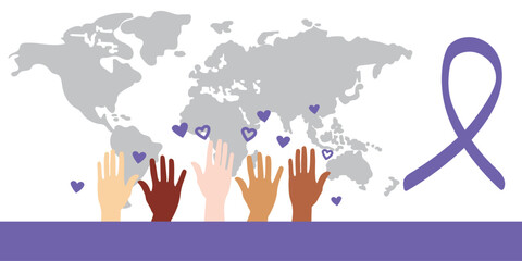 Purple ribbon with raised hands on global map, symbol of epilepsy awareness, pancreatic cancer support, and domestic violence prevention worldwide