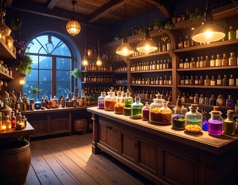 Mystic apothecary room at night