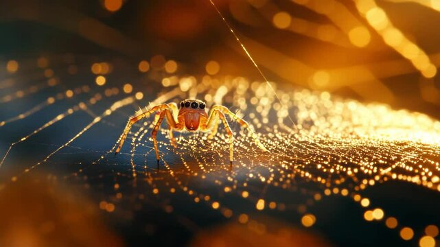 Close up of small spider with bright eyes on glowing golden web with light reflections and golden bokeh, creating magical macro nature insect atmosphere in dark background