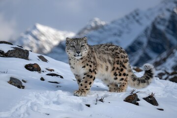 Fototapeta premium Majestic snow leopard in snowy mountain habitat