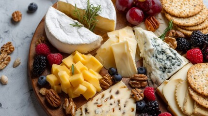 Elegant cheese board showcases gourmet food cheese fruits nuts. AI generated.
