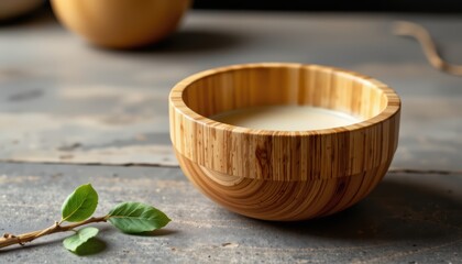 Rustic wooden bowl adorned with a single green leaf, natural still life wooden