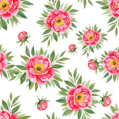 Watercolor Pink Peony Flower Seamless Pattern, Beautiful Pink Peony Illustration