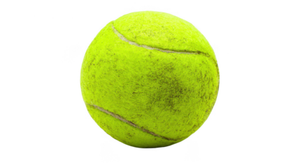 Close up of a slightly scuffed neon green tennis ball isolated on a transparent background, showcasing its texture and wear, perfect for sports related projects