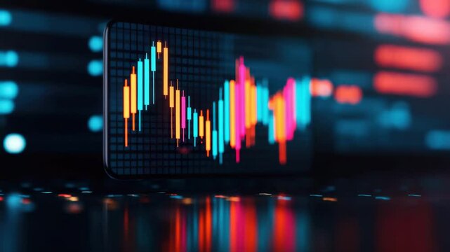 Stock market graph and candlestick chart on smartphone screen showing financial data and trading activity with colorful reflections and modern digital screen analysis