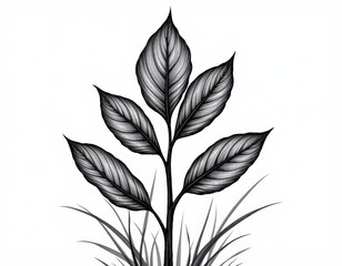 Detailed black and white botanical illustration, a monochrome drawing of plant