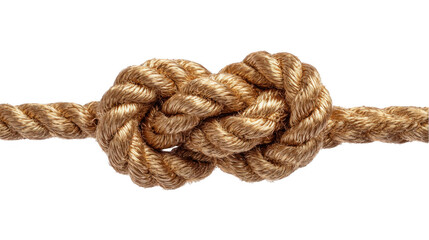 Studio shot of a tightly tied knot joining two lengths of rope, emphasizing connection, strength, and problem solving on a transparent background