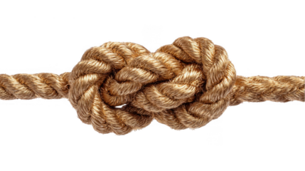 Studio shot of a tightly tied knot joining two lengths of rope, emphasizing connection, strength, and problem solving on a transparent background