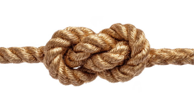 Studio shot of a tightly tied knot joining two lengths of rope, emphasizing connection, strength, and problem solving on a transparent background