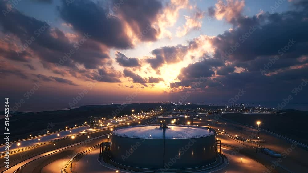Poster a wide frame capturing the lng storage tank gleaming in the distance, protected by state-of-the-art 