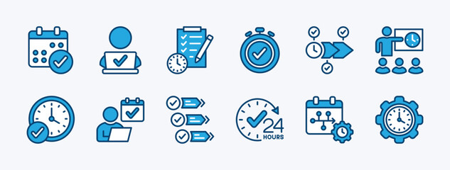Set of discipline icon. Contains time management, on schedule, core, rules, behavior, diligent employee, hard work, step, plan, strategy, timetable, commitment, routine, calendar. Vector illustration