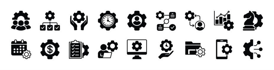 Organization management icon set. Contains manage time, employee structure hierarchy, workflow, plan, strategy, clipboard task checklist, schedule, finance, device development, gear. Vector 