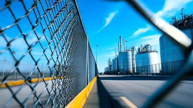 Wide industrial view of a polished LNG storage tank, encircled by heavy-duty fencing embedded with surveillance sensors, ground alarms, and biometric access-controlled gates
