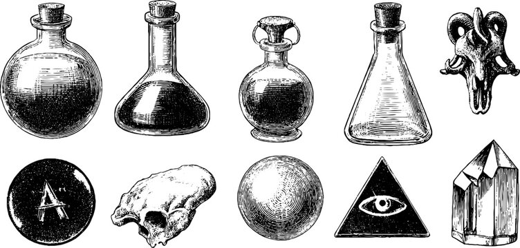 Alchemy flask and mystical symbols engraved illustration set for artistic design