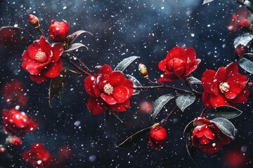 Red camellia flowers bloom during snowfall on a dark background. Great for seasonal cards, winter themes, or nature photography.