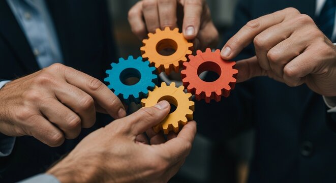 Gears in hands of business team. Group of business people working together. Spin cog wheel for success teamwork