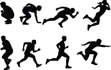 Running poses vector, athlete silhouette sequence, male and female sprinters, sports training graphic, motion action clipart, editable fitness illustration