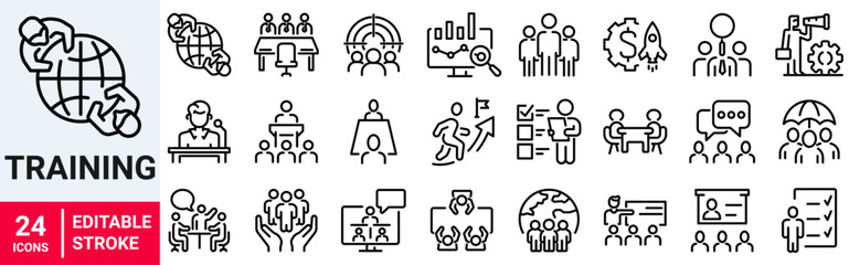 Teamwork training line icons related team, co-workers, cooperation. Linear busines simple symbol collection. vector illustration. Editable stroke