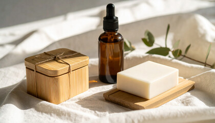 Natural Cosmetic Product Mockup with Amber Bottle and Wooden Jars