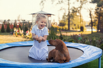 a three year old smiling girl playing with dachshund dog on trampoline in green sunny summer park