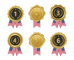 Golden award medal with USA flag ribbons for winners