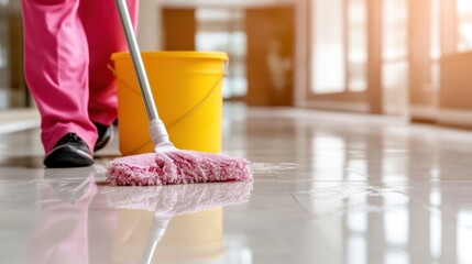 A diligent cleaner in pink attire mops a shiny floor with determination, showcasing the importance of cleanliness and maintaining a pristine environment for all.