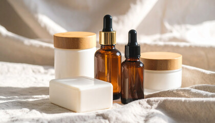 Natural Cosmetic Product Mockup with Amber Bottle and Wooden Jars