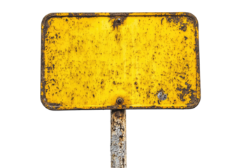 Aged yellow sign on metal post