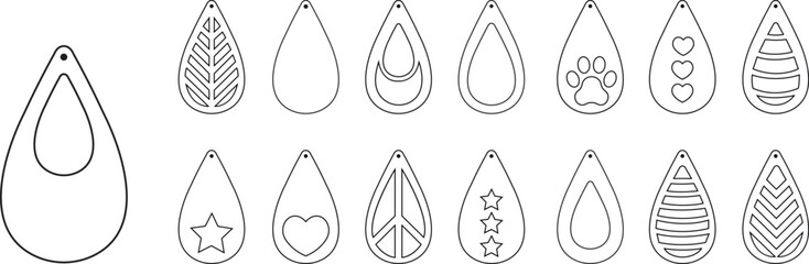 Earrings jewelry accessories icons set. Bundle of earrings templates with flowers for making earrings from leather, wood, metal. line vector