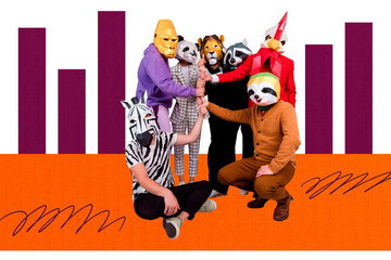 Creative full pop zine collage of anonym business people wear quadrober mask animal team building...