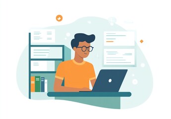 Young man with glasses, working on laptop at a desk, surrounded by files & bookcase