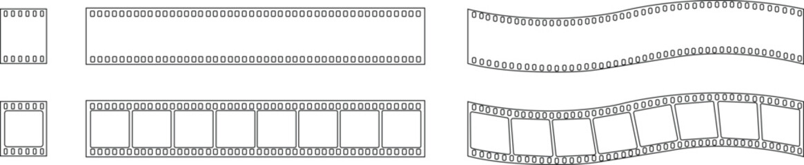 Old grunge movie film long strip set, vintage filmstrip roll frame, vector photo background. Video or movie filmstrip overlay, cinema or photograph camera long film strips collection in line