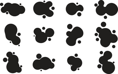 Ink drops and splashes set. Blotter spots collection, liquid paint drip drop splash and ink splatter. Artistic dirty grunge abstract spot vector Illustration monochrome, splat messy inkblot