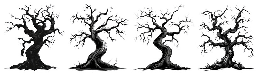 PNG Dark twisted trees silhouette design, element set on transparent background