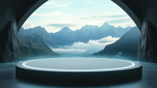 Futuristic circular platform with glowing edges inside dark cave opening overlooking misty mountain range under cloudy sky with soft natural light creating serene and mysterious nature atmosphere