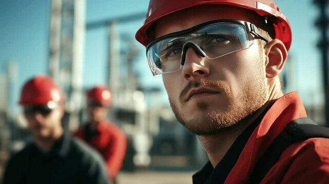 Close-up of engineers documenting transformer readings, their faces focused behind safety glasses as they inspect cooling systems and oil tanks under the harsh sunlight at the subs