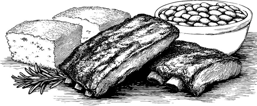 Engraved illustration set featuring bbq ribs, cornbread, and beans for culinary artwork