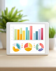 A tablet displays colorful bar and pie charts, set on a desk with green plants in the background.
