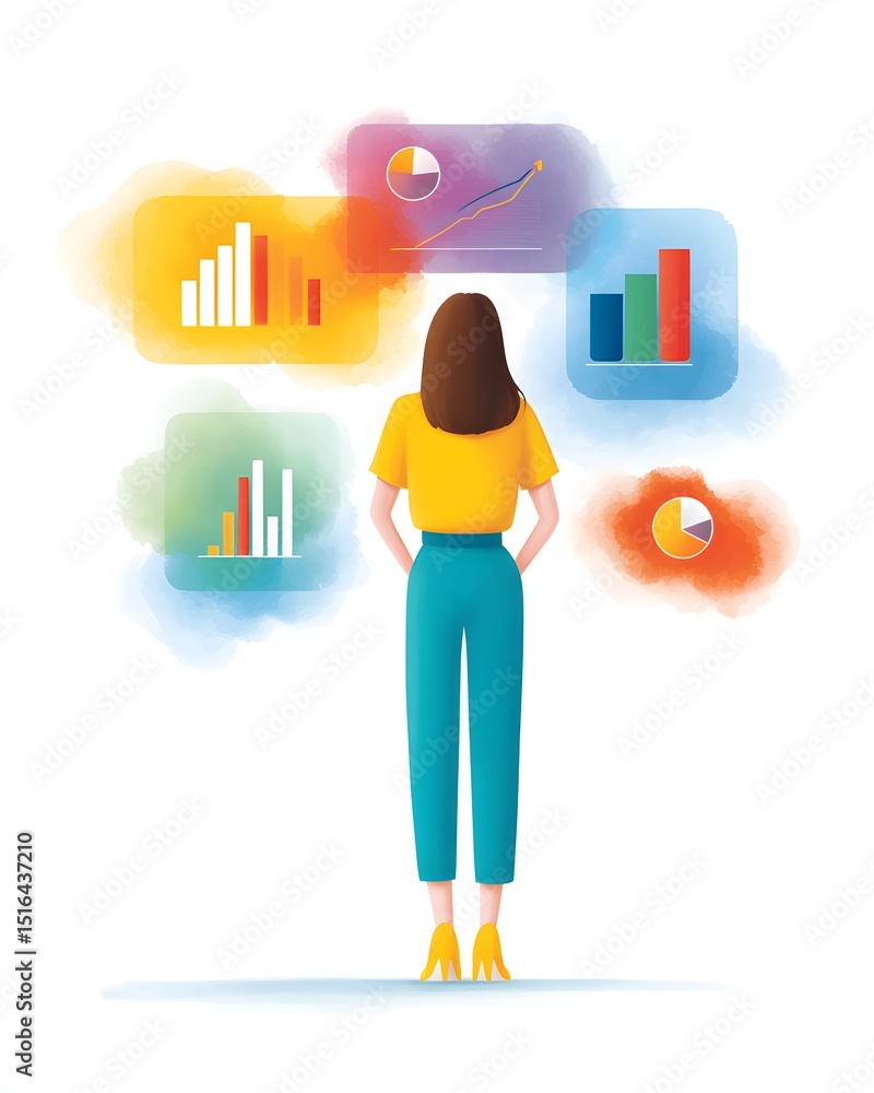 Poster a woman analyzes colorful data charts and graphs, representing business analytics and data visualiza