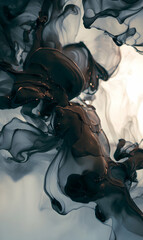 Abstract fluid art featuring a dark and ethereal cloud of ink swirling in a bright luminous water column